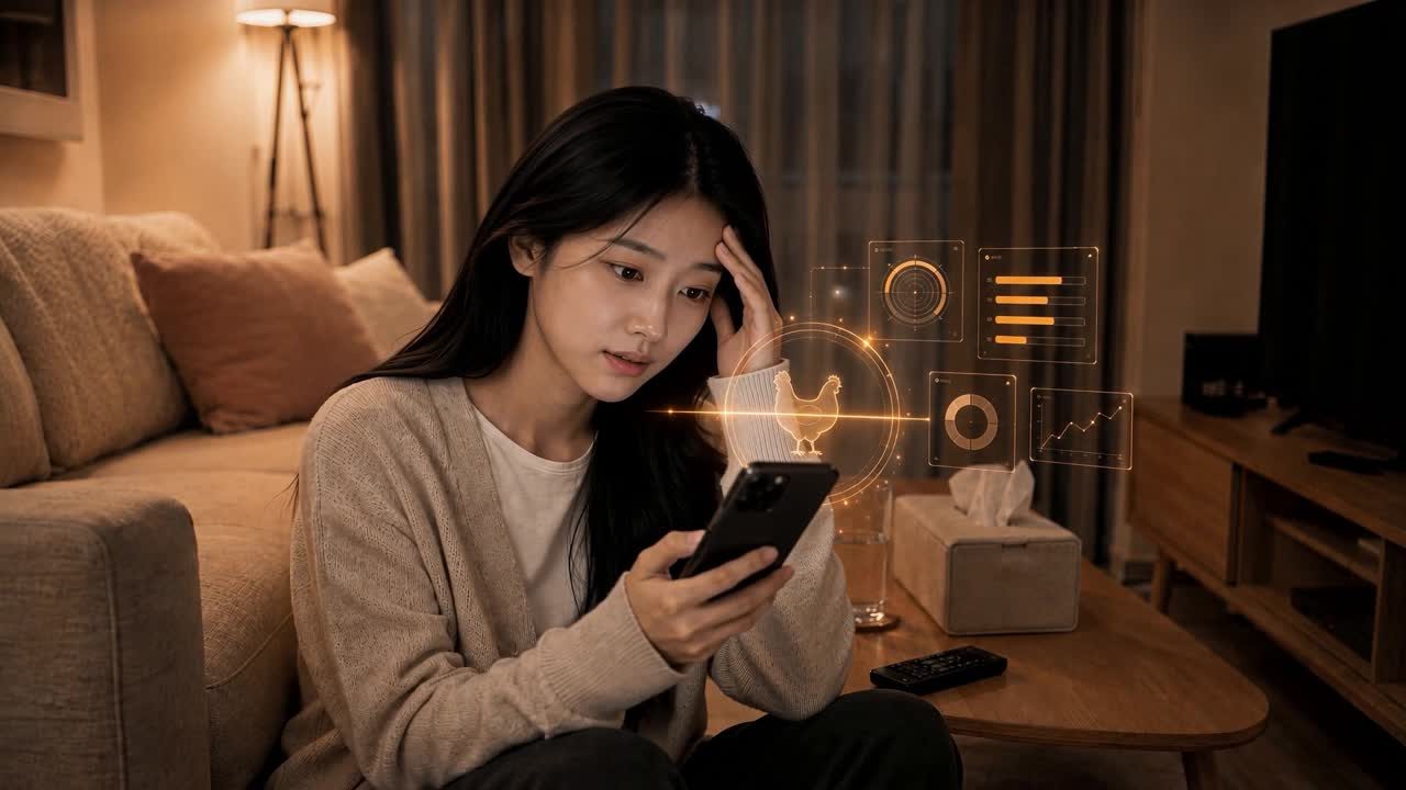 기영이 AI 영상 장면. 휴대폰을 보며 고민하는 여성